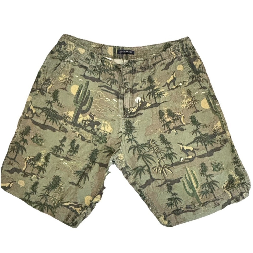 Lucky Brand Mens Green Desert Landscape Print Shorts Size 32 Wolf Cactus Cowboy